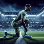 Realistic high definition photo displaying a footballer poised for redemption, gearing up with determination and focus amidst the field. The backdrop captures the anticipation of a dream run for a notable football club, while the atmosphere vibrates with immense anticipation.