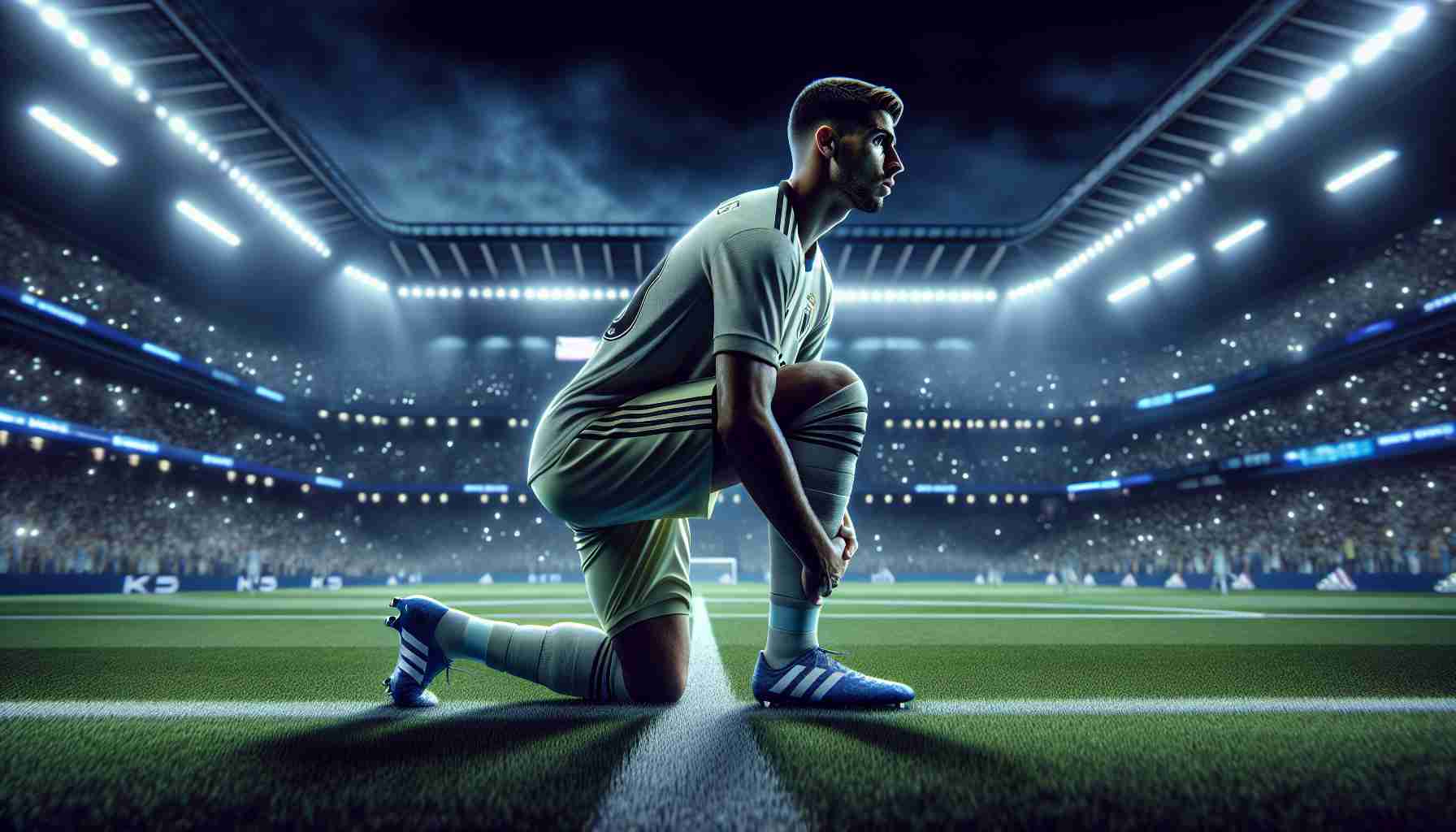 Realistic high definition photo displaying a footballer poised for redemption, gearing up with determination and focus amidst the field. The backdrop captures the anticipation of a dream run for a notable football club, while the atmosphere vibrates with immense anticipation.