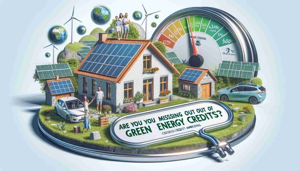 Create a detailed and realistic high definition image that symbolizes the concept of 'green energy credits' and their benefits. The image could include imagery such as a happy family in a home powered by renewable energy sources, solar panels on rooftops, wind turbines in a field, and a gauge showing energy savings or credit amassing, with the text 'Are You Missing Out on the Benefits of Green Energy Credits?' prominently displayed on the image.