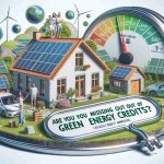 Create a detailed and realistic high definition image that symbolizes the concept of 'green energy credits' and their benefits. The image could include imagery such as a happy family in a home powered by renewable energy sources, solar panels on rooftops, wind turbines in a field, and a gauge showing energy savings or credit amassing, with the text 'Are You Missing Out on the Benefits of Green Energy Credits?' prominently displayed on the image.