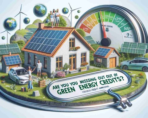 Create a detailed and realistic high definition image that symbolizes the concept of 'green energy credits' and their benefits. The image could include imagery such as a happy family in a home powered by renewable energy sources, solar panels on rooftops, wind turbines in a field, and a gauge showing energy savings or credit amassing, with the text 'Are You Missing Out on the Benefits of Green Energy Credits?' prominently displayed on the image.