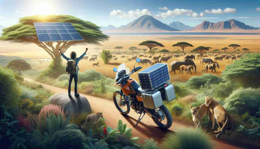 Create a realistic HD image of an eco-friendly adventure. Depict a scene where a solar-powered motorcycle has completed a remarkable journey across diverse landscapes of Africa. The image should include the motorbike equipped with solar panels standing triumphant at the conclusion of the trip, surrounded by a variety of natural beauty that encapsulates African geography such as savannahs, jungles, and mountains.