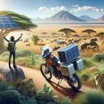 Create a realistic HD image of an eco-friendly adventure. Depict a scene where a solar-powered motorcycle has completed a remarkable journey across diverse landscapes of Africa. The image should include the motorbike equipped with solar panels standing triumphant at the conclusion of the trip, surrounded by a variety of natural beauty that encapsulates African geography such as savannahs, jungles, and mountains.