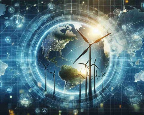 A realistic and high-definition illustration showcasing a revolutionary global platform that ushers in a new era for clean energy trading. The image should depict a futuristic and technologically advanced platform interface with graphics of wind turbines, solar panels, and other renewable energy sources. It could show interconnected circles, signifying countries around the globe, linked through lines that represent the energy trade routes. The backdrop could be a dynamic blue-grid matrix, symbolizing the digital world of energy trading.