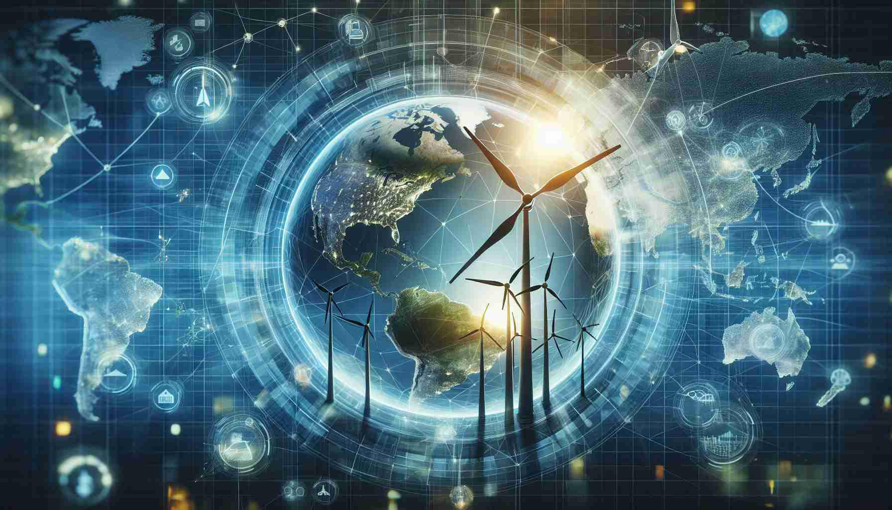 A realistic and high-definition illustration showcasing a revolutionary global platform that ushers in a new era for clean energy trading. The image should depict a futuristic and technologically advanced platform interface with graphics of wind turbines, solar panels, and other renewable energy sources. It could show interconnected circles, signifying countries around the globe, linked through lines that represent the energy trade routes. The backdrop could be a dynamic blue-grid matrix, symbolizing the digital world of energy trading.