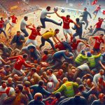 Detailed representation of an analytical interpretation highlighting the various facets associated with football fan clashes in Istanbul. The image should capture the emotional intensity, the contrasting team colors, and the chaotic atmosphere in a hyper-realistic style. Note, no real individuals or specific violent instances should be depicted, rather focus on symbolic representation of the situation.