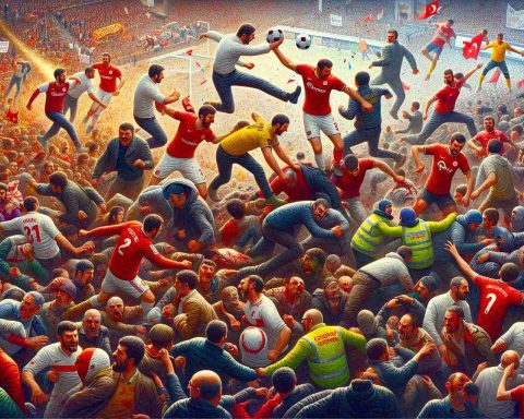 Detailed representation of an analytical interpretation highlighting the various facets associated with football fan clashes in Istanbul. The image should capture the emotional intensity, the contrasting team colors, and the chaotic atmosphere in a hyper-realistic style. Note, no real individuals or specific violent instances should be depicted, rather focus on symbolic representation of the situation.