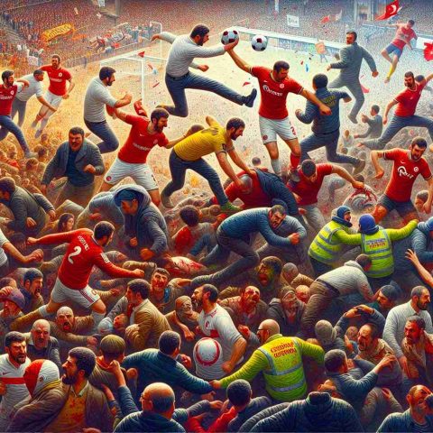 Detailed representation of an analytical interpretation highlighting the various facets associated with football fan clashes in Istanbul. The image should capture the emotional intensity, the contrasting team colors, and the chaotic atmosphere in a hyper-realistic style. Note, no real individuals or specific violent instances should be depicted, rather focus on symbolic representation of the situation.