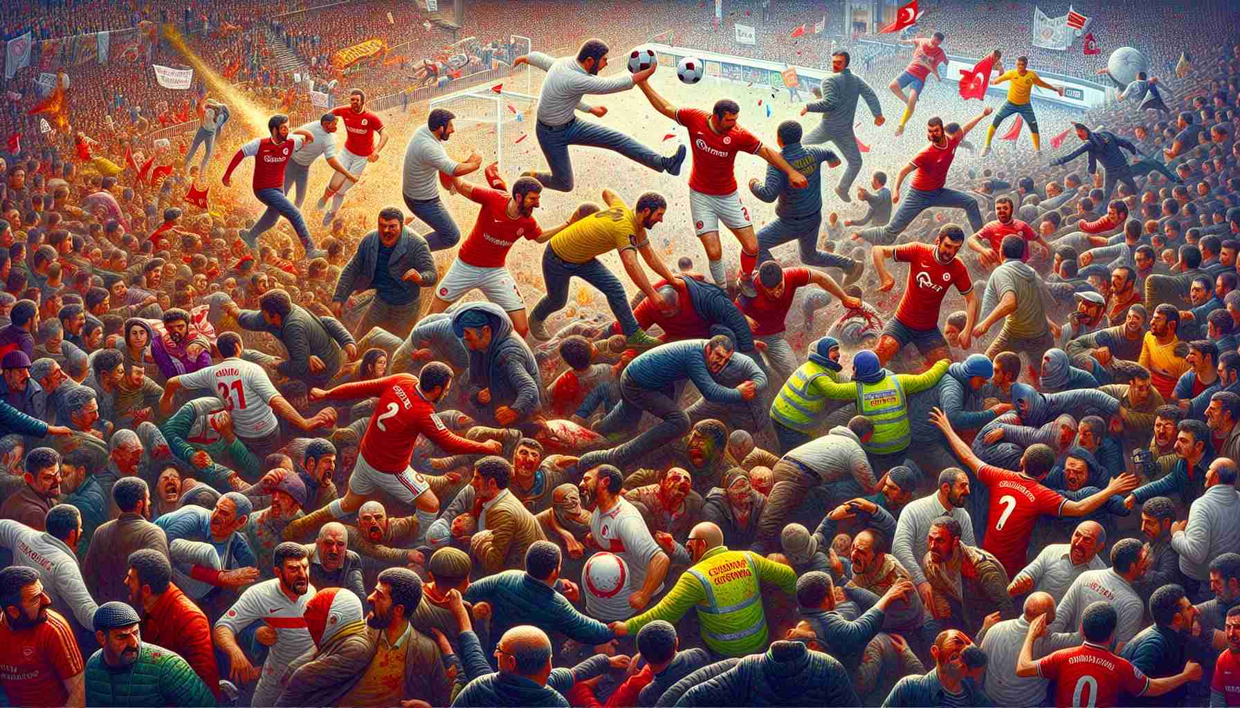 Detailed representation of an analytical interpretation highlighting the various facets associated with football fan clashes in Istanbul. The image should capture the emotional intensity, the contrasting team colors, and the chaotic atmosphere in a hyper-realistic style. Note, no real individuals or specific violent instances should be depicted, rather focus on symbolic representation of the situation.