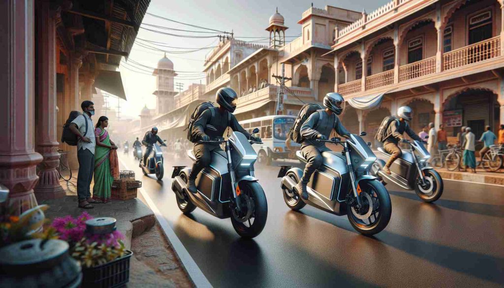 High-definition, realistic image showing the future trend of two-wheelers in India: electric motorcycles. A street scene where a couple of electric motorcycles are being used, with a backdrop of local Indian architecture. The motorcycles are sleek and futuristic, with prominent battery packs. Riders of various descents and genders are visible, including a Middle-Eastern woman and a South Asian man, both wearing safety gear. The scene also captures a sense of excitement and progress, with people and vehicles moving about, possibly hinting at the increasing popularity of these eco-friendly vehicles.