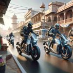 High-definition, realistic image showing the future trend of two-wheelers in India: electric motorcycles. A street scene where a couple of electric motorcycles are being used, with a backdrop of local Indian architecture. The motorcycles are sleek and futuristic, with prominent battery packs. Riders of various descents and genders are visible, including a Middle-Eastern woman and a South Asian man, both wearing safety gear. The scene also captures a sense of excitement and progress, with people and vehicles moving about, possibly hinting at the increasing popularity of these eco-friendly vehicles.