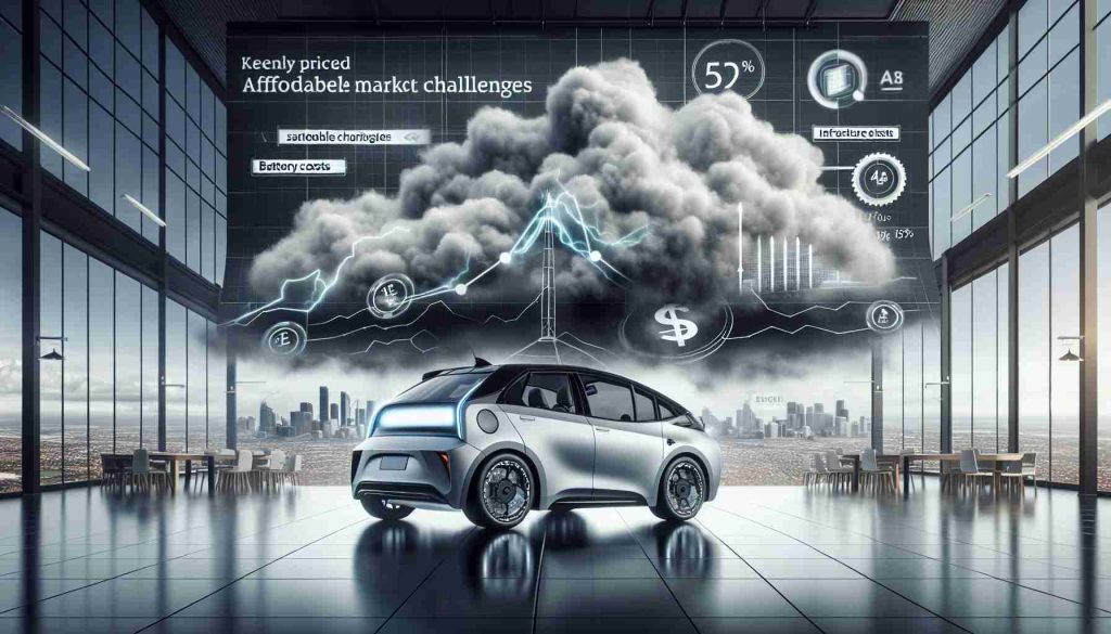 A detailed high-definition image depicting the emergence of affordable electric vehicles against the backdrop of market challenges. Picture a keenly priced, stylish electric car on a sleek showroom floor, symbolizing affordability. Looming in the backdrop, symbolize market challenges with a dense fog or storm clouds. Infographics could illustrate complexities such as battery costs, infrastructure issues and government policies. Please ensure that all elements are clear, crisp, and in realistic colors.