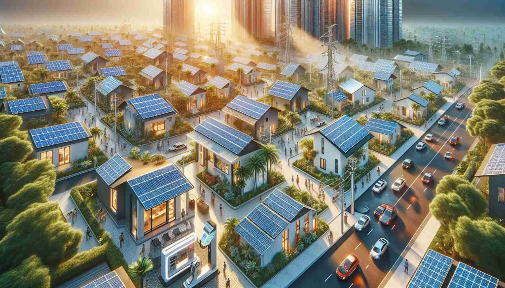 Highly detailed, realistic image showing the positive impact of solar power on global lifestyle. Depict a variety of residential buildings, from small rural homes to large urban high-rises, with solar panels installed on their roofs. Illustrate energetic rays of sunlight hitting the panels, symbolizing their conversion into clean energy. Include a scene of an electric car charging from a solar-powered station to showcase sustainable transportation. Ensure that human interaction is indicated with individuals of different genders and descents - female, male, Caucasian, Hispanic, Black, Middle-Eastern, and South Asian - visibly reaping benefits of this technology in their daily routines.