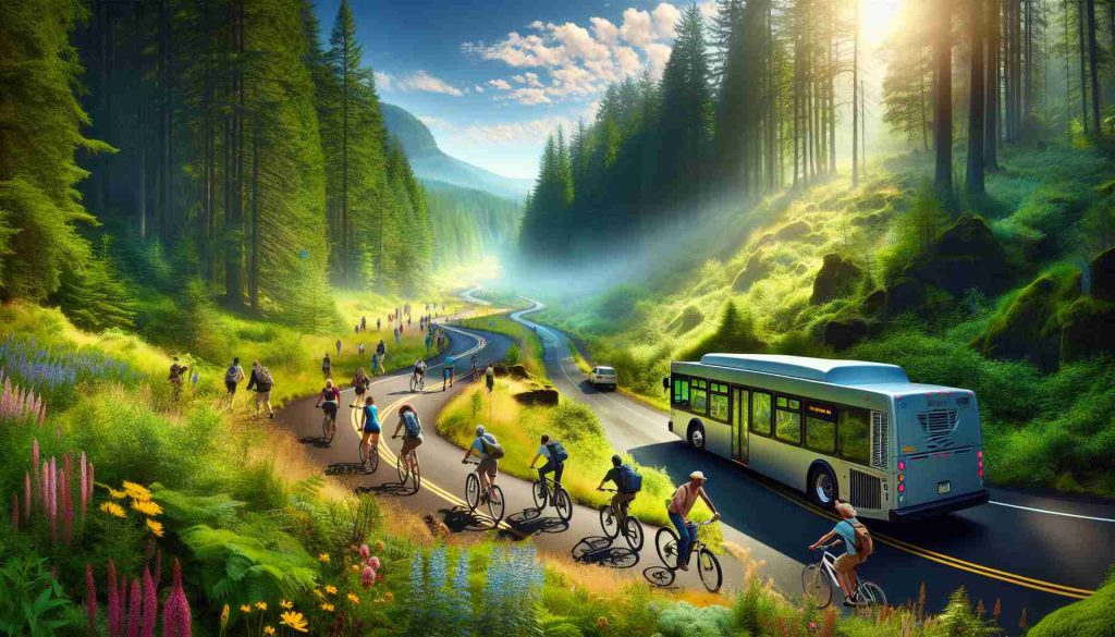 An HD photograph that brings to life a sustainable transportation scene in Oregon’s State Parks. Depict distinct areas of the park, with lush trees, clear blue skies, and enchanting hiking trails. Incorporate elements of sustainable transportation - perhaps cyclists pedalling along the trails, or a group of mixed descent people hiking. A hybrid bus parked at a distance could be another visual representation. Remember to emphasize the beauty of nature and the harmony of these transportation methods with the park's eco-friendly ethos.