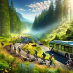 An HD photograph that brings to life a sustainable transportation scene in Oregon’s State Parks. Depict distinct areas of the park, with lush trees, clear blue skies, and enchanting hiking trails. Incorporate elements of sustainable transportation - perhaps cyclists pedalling along the trails, or a group of mixed descent people hiking. A hybrid bus parked at a distance could be another visual representation. Remember to emphasize the beauty of nature and the harmony of these transportation methods with the park's eco-friendly ethos.