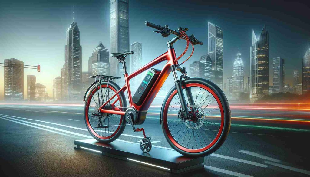 Create a high-definition image of an advanced electric bicycle, painted vibrant red, that represents the epitome of urban mobility efficiency. Display the bicycle showcasing its sleek design and innovative features such as a digital display, a smart braking system, rechargeable battery and integrated lights. Additionally, illustrate the bike in an urban setting, perhaps on a designated bike lane on a city street, with skyscrapers in the background. Capture the scene in realistic style.