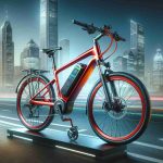 Create a high-definition image of an advanced electric bicycle, painted vibrant red, that represents the epitome of urban mobility efficiency. Display the bicycle showcasing its sleek design and innovative features such as a digital display, a smart braking system, rechargeable battery and integrated lights. Additionally, illustrate the bike in an urban setting, perhaps on a designated bike lane on a city street, with skyscrapers in the background. Capture the scene in realistic style.