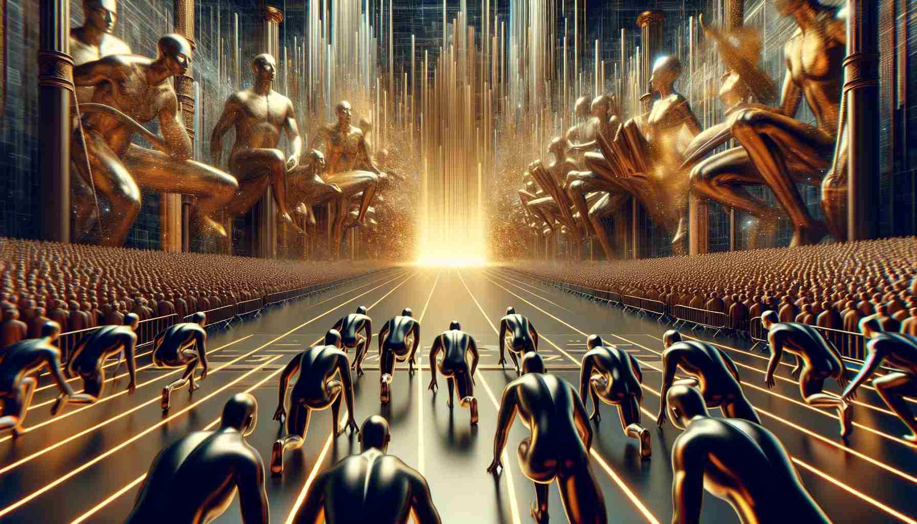 A realistic, high definition image portraying a grand event, signifying a potentially largest Initial Public Offering (IPO) of the year. The scene could highlight an abstract concept of readiness, perhaps showing a metaphorical starting line with a massive crowd of figures prepared to dash forward, symbolizing eager investors. The atmosphere exudes anticipatory excitement and the future wealth symbolized using golden hues. Emphasize elements of finance, investment, and entrepreneurship.