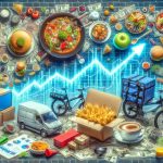 Generate a hyper-realistic image representing the impact of a hypothetical Initial Public Offering (IPO) by a major food delivery company on the industry. The composition should depict a variety of food dishes, delivery bikes, packaging materials, stock market charts, and financial documents. The overall mood of the image should suggest unprecedented change and potential growth.