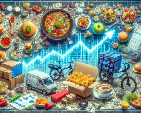 Generate a hyper-realistic image representing the impact of a hypothetical Initial Public Offering (IPO) by a major food delivery company on the industry. The composition should depict a variety of food dishes, delivery bikes, packaging materials, stock market charts, and financial documents. The overall mood of the image should suggest unprecedented change and potential growth.