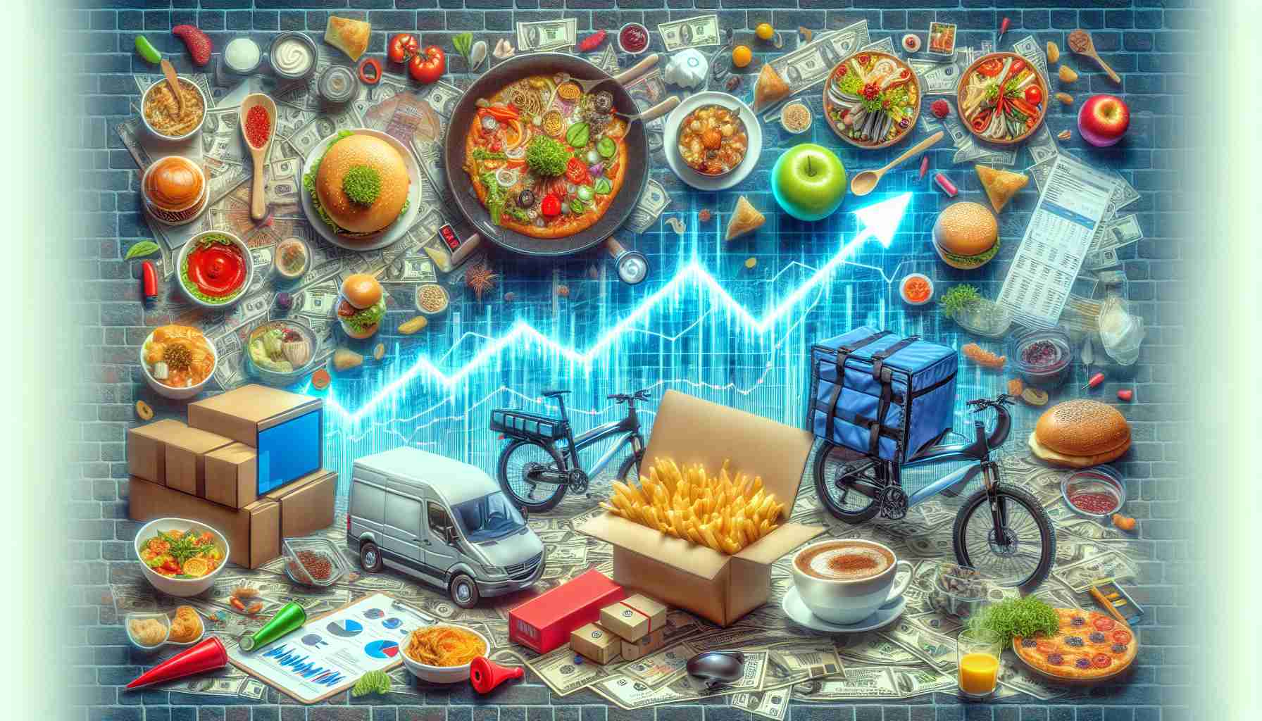 Generate a hyper-realistic image representing the impact of a hypothetical Initial Public Offering (IPO) by a major food delivery company on the industry. The composition should depict a variety of food dishes, delivery bikes, packaging materials, stock market charts, and financial documents. The overall mood of the image should suggest unprecedented change and potential growth.