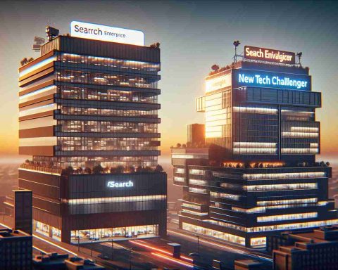 Generate a high-definition, realistic image representing the concept of Artificial Intelligence rivalry. Show two large, modern buildings representing 'tech corporations'. A small sign on top of one building reads 'Search Enterprise' as a symbol of a large tech company, possibly in the fading afternoon light indicating its possible decline. The other building is rising, with a sign that reads 'New Tech Challenger', and is brightly lit, indicative of a thriving industry. The contrast between the two buildings should reflect the underlying narrative of shifting powers in the tech industry.