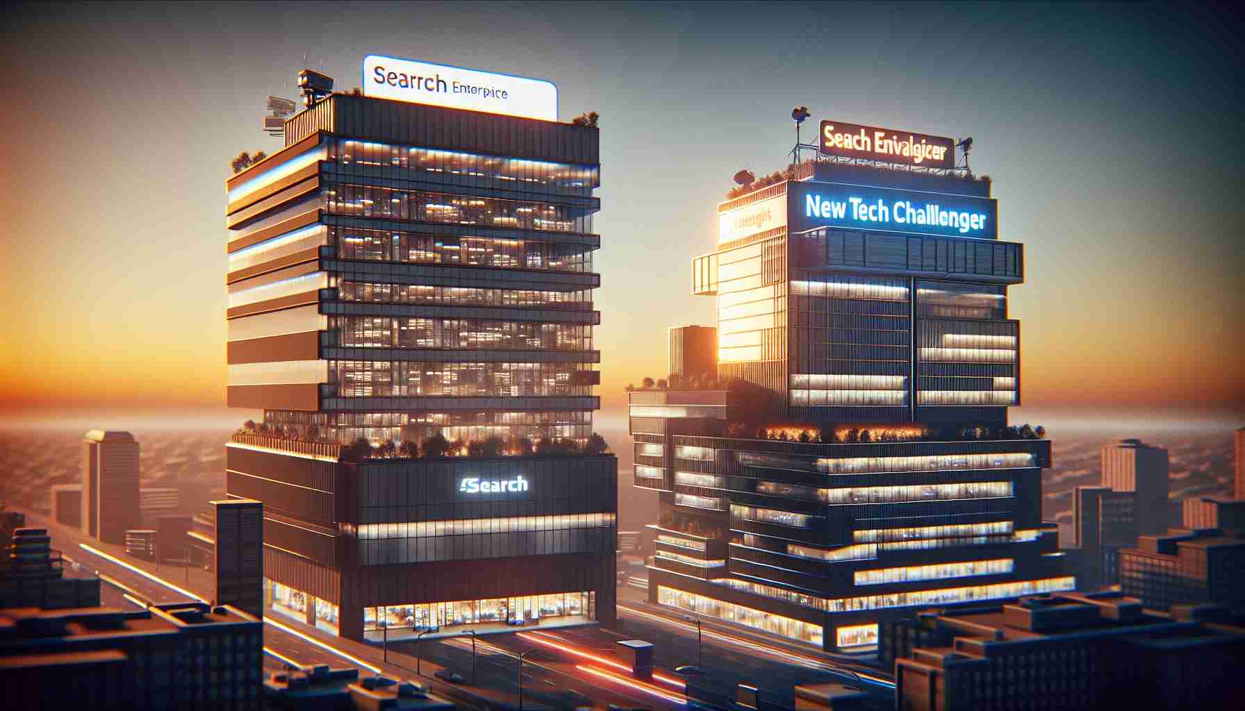 Generate a high-definition, realistic image representing the concept of Artificial Intelligence rivalry. Show two large, modern buildings representing 'tech corporations'. A small sign on top of one building reads 'Search Enterprise' as a symbol of a large tech company, possibly in the fading afternoon light indicating its possible decline. The other building is rising, with a sign that reads 'New Tech Challenger', and is brightly lit, indicative of a thriving industry. The contrast between the two buildings should reflect the underlying narrative of shifting powers in the tech industry.