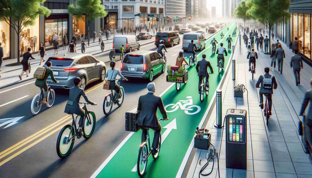 Realistic high-definition photo of a possible future scene in sustainable transportation: The revolution of electric bikes. Imagine a busy city street where the traffic lanes are dominated not by cars, but by sleek, innovative electric bikes. Diverse groups of people are using these electric bikes: a Caucasian male businessman in a suit is speeding down a bike lane; a Hispanic female artist with her paintbrush case strapped behind her; a South Asian male delivery courier with a large delivery box attached to his bike; a Middle-Eastern female doctor with her stethoscope around her neck. The street is adorned with charging stations, bike-friendly traffic signals, and vibrant green bike lanes.