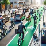 Realistic high-definition photo of a possible future scene in sustainable transportation: The revolution of electric bikes. Imagine a busy city street where the traffic lanes are dominated not by cars, but by sleek, innovative electric bikes. Diverse groups of people are using these electric bikes: a Caucasian male businessman in a suit is speeding down a bike lane; a Hispanic female artist with her paintbrush case strapped behind her; a South Asian male delivery courier with a large delivery box attached to his bike; a Middle-Eastern female doctor with her stethoscope around her neck. The street is adorned with charging stations, bike-friendly traffic signals, and vibrant green bike lanes.