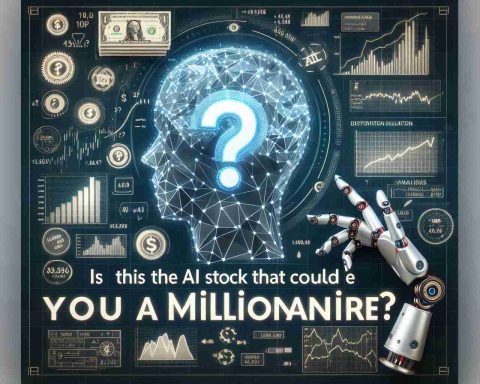 Design a high-definition image depicting a curious, thought-provoking question. The question is 'Is This the AI Stock That Could Make You a Millionaire?' Render the question in an impactful, visually appealing way. Surround the text in a financial setting with charts and graphs to suggest the theme of stock investing. Incorporate elements that suggest the involvement of AI, such as robotic hands or an abstract robot brain.