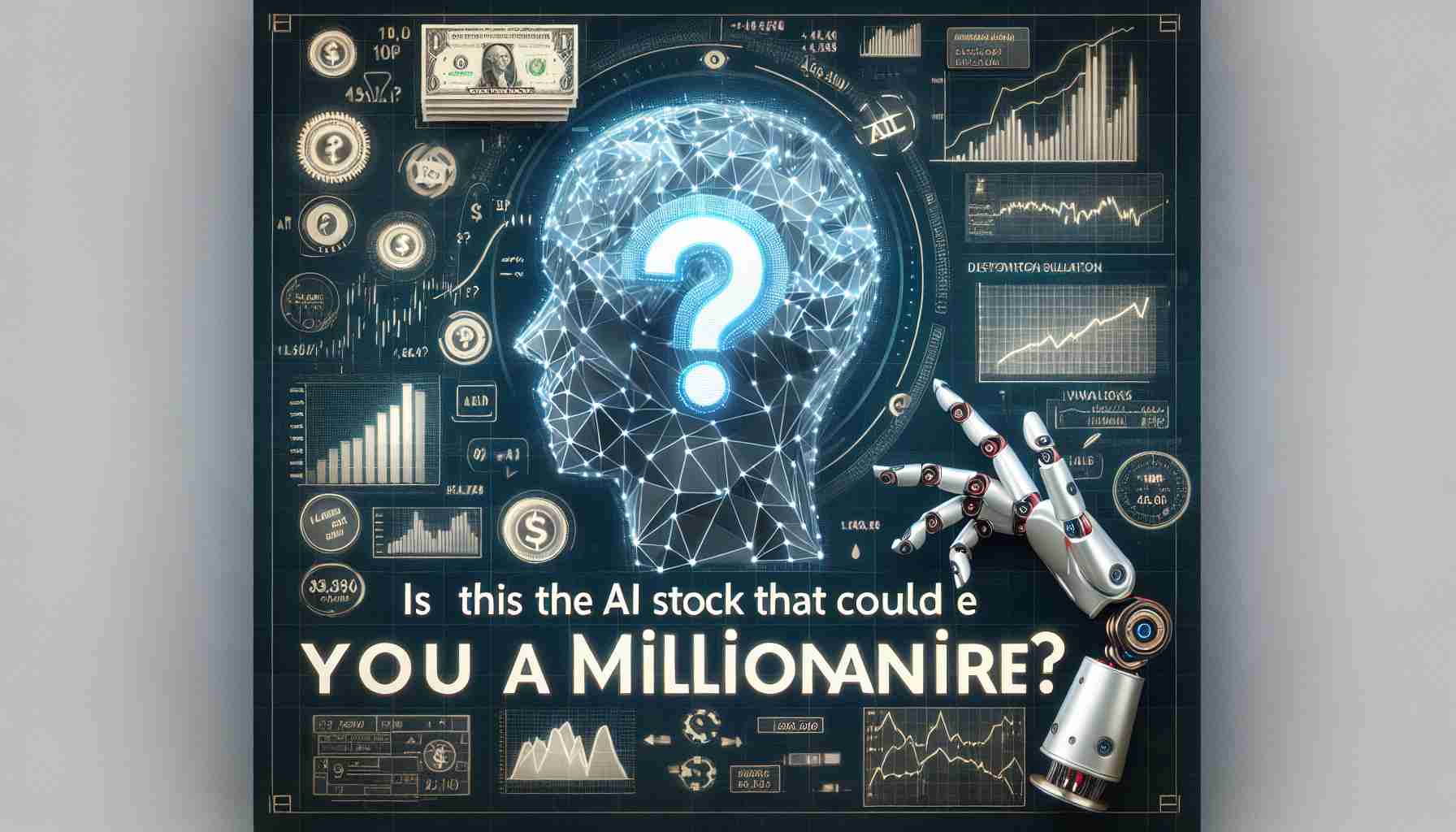 Design a high-definition image depicting a curious, thought-provoking question. The question is 'Is This the AI Stock That Could Make You a Millionaire?' Render the question in an impactful, visually appealing way. Surround the text in a financial setting with charts and graphs to suggest the theme of stock investing. Incorporate elements that suggest the involvement of AI, such as robotic hands or an abstract robot brain.