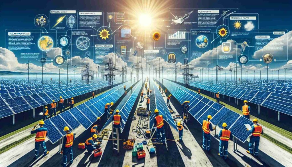 A vivid and detailed high-definition image showcasing a massive project in the solar energy sector. It should depict a sprawling solar farm with neat rows of solar panels stretching as far as the eye can see. Technicians in safety gear, representing a range of genders and descents such as Caucasian, Black, Hispanic, and Asian, are busily engaged in various tasks of assembly, installation, and maintenance. The sun is shining brightly, symbolizing the promise of renewable energy. Accompanying the image are text annotations revealing major points about its significance, potential impacts, and key facts that one needs to know.