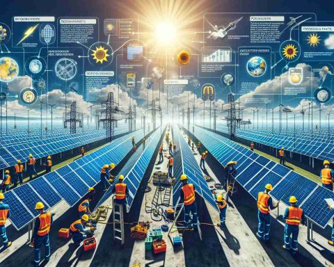 A vivid and detailed high-definition image showcasing a massive project in the solar energy sector. It should depict a sprawling solar farm with neat rows of solar panels stretching as far as the eye can see. Technicians in safety gear, representing a range of genders and descents such as Caucasian, Black, Hispanic, and Asian, are busily engaged in various tasks of assembly, installation, and maintenance. The sun is shining brightly, symbolizing the promise of renewable energy. Accompanying the image are text annotations revealing major points about its significance, potential impacts, and key facts that one needs to know.