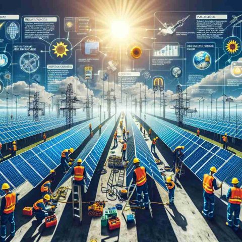 A vivid and detailed high-definition image showcasing a massive project in the solar energy sector. It should depict a sprawling solar farm with neat rows of solar panels stretching as far as the eye can see. Technicians in safety gear, representing a range of genders and descents such as Caucasian, Black, Hispanic, and Asian, are busily engaged in various tasks of assembly, installation, and maintenance. The sun is shining brightly, symbolizing the promise of renewable energy. Accompanying the image are text annotations revealing major points about its significance, potential impacts, and key facts that one needs to know.