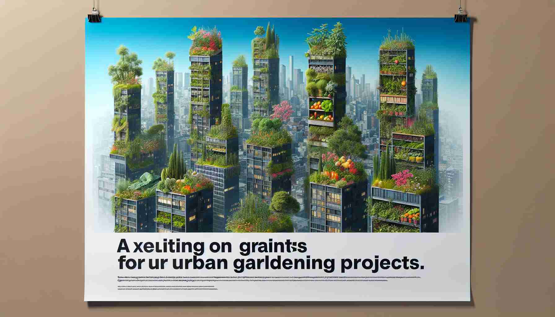 A high quality, realistic image of a poster promoting an exciting new program that offers grants for urban gardening projects. The poster should feature a vibrant, teeming cityscape with diverse architectural styles, interspersed with a variety of lush, vertical gardens. Some of the highlighted plants include herbs, vegetables, and flowering plants. The text on the poster is bold and inviting, targeted at those living in the city looking to start their own urban gardening project.