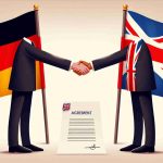 Illustration of a symbolic handshake between two individuals, one representing Germany and the other Britain. Contextual clues might include flags or traditional attire. They appear to be standing over a document which is presumably an agreement, signifying a peaceful and concordant resolution. The backdrop is neutral, allowing the focus to be strictly on the two individuals and their gesture of accord. The image has a high-definition and realistic look.