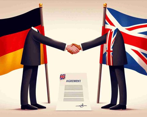 Illustration of a symbolic handshake between two individuals, one representing Germany and the other Britain. Contextual clues might include flags or traditional attire. They appear to be standing over a document which is presumably an agreement, signifying a peaceful and concordant resolution. The backdrop is neutral, allowing the focus to be strictly on the two individuals and their gesture of accord. The image has a high-definition and realistic look.