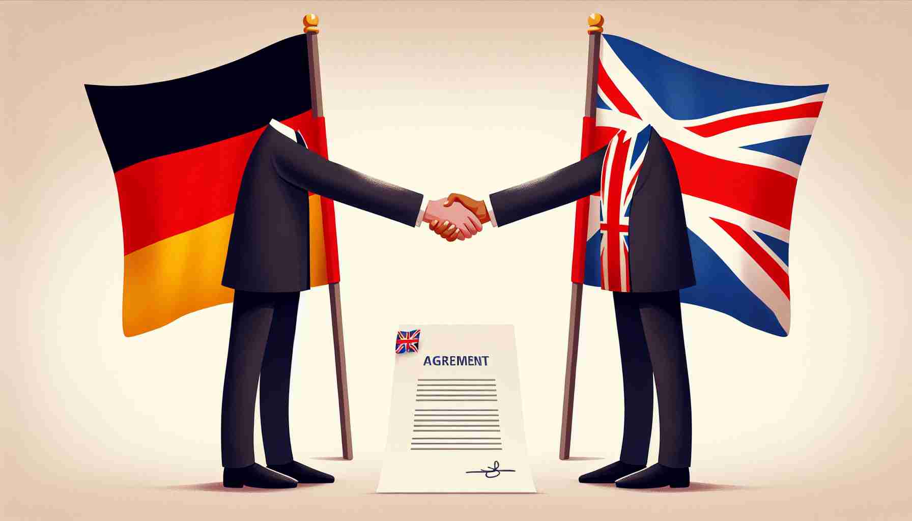 Illustration of a symbolic handshake between two individuals, one representing Germany and the other Britain. Contextual clues might include flags or traditional attire. They appear to be standing over a document which is presumably an agreement, signifying a peaceful and concordant resolution. The backdrop is neutral, allowing the focus to be strictly on the two individuals and their gesture of accord. The image has a high-definition and realistic look.