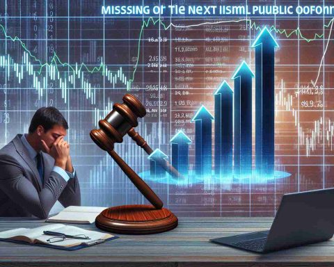 A realistic HD photo depicting concept of missing out on the next big stock Initial Public Offering (IPO). This could consist of pertinent symbols like an upward trending line graph, a gavel, stock market ticker symbols running across the bottom of the screen, and a concerned individual studying the statistics on their laptop.