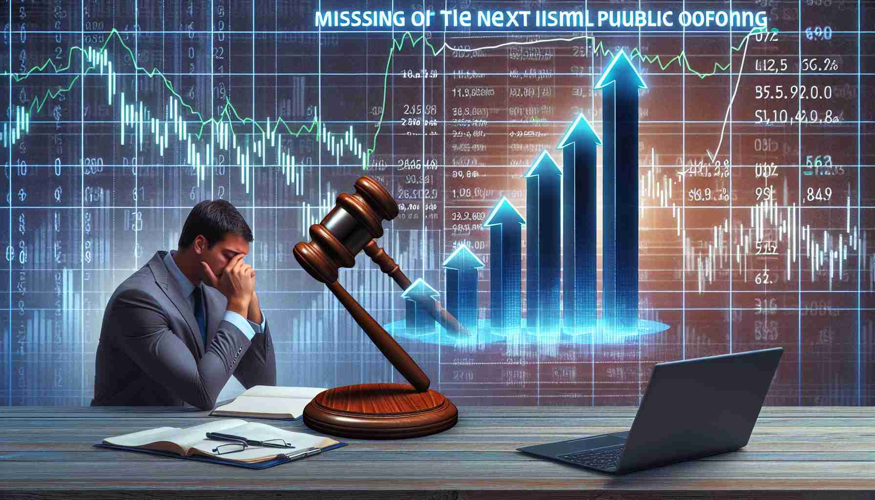 A realistic HD photo depicting concept of missing out on the next big stock Initial Public Offering (IPO). This could consist of pertinent symbols like an upward trending line graph, a gavel, stock market ticker symbols running across the bottom of the screen, and a concerned individual studying the statistics on their laptop.