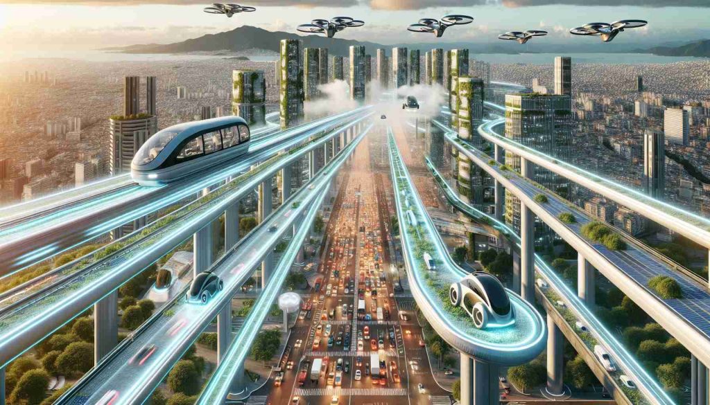 Create a highly detailed and realistic image depicting the future of urban mobility. There is a network of elevated transparent tubes which serve as pathways for high-speed maglev pods. The cityscape below is bustling with autonomous electric vehicles. In addition, brightly lit drone taxis are flying across the sky. The integration of these transportation technologies is reducing traffic, pollution, and transit time. The architectural design of the city is eco-friendly, with buildings featuring vertical gardens and solar panels. This image represents a revolution in urban mobility and sustainable city planning.