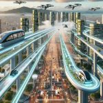 Create a highly detailed and realistic image depicting the future of urban mobility. There is a network of elevated transparent tubes which serve as pathways for high-speed maglev pods. The cityscape below is bustling with autonomous electric vehicles. In addition, brightly lit drone taxis are flying across the sky. The integration of these transportation technologies is reducing traffic, pollution, and transit time. The architectural design of the city is eco-friendly, with buildings featuring vertical gardens and solar panels. This image represents a revolution in urban mobility and sustainable city planning.