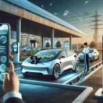 Imagine a high-definition, realistic image depicting the concept of revolutionizing electric vehicle charging with mobile solutions. Capture a scene with an electric car at a charging station, with an individual engrossed in operating a mobile device. The app on the device displays various parameters such as battery status, charging speed and duration. The environment around the station is filled with modern, sustainable architecture, solar panels abound providing clean energy to the station. In the background, another car is pulling up to the charging station, signaling busy traffic and widespread adoption of electric vehicles.