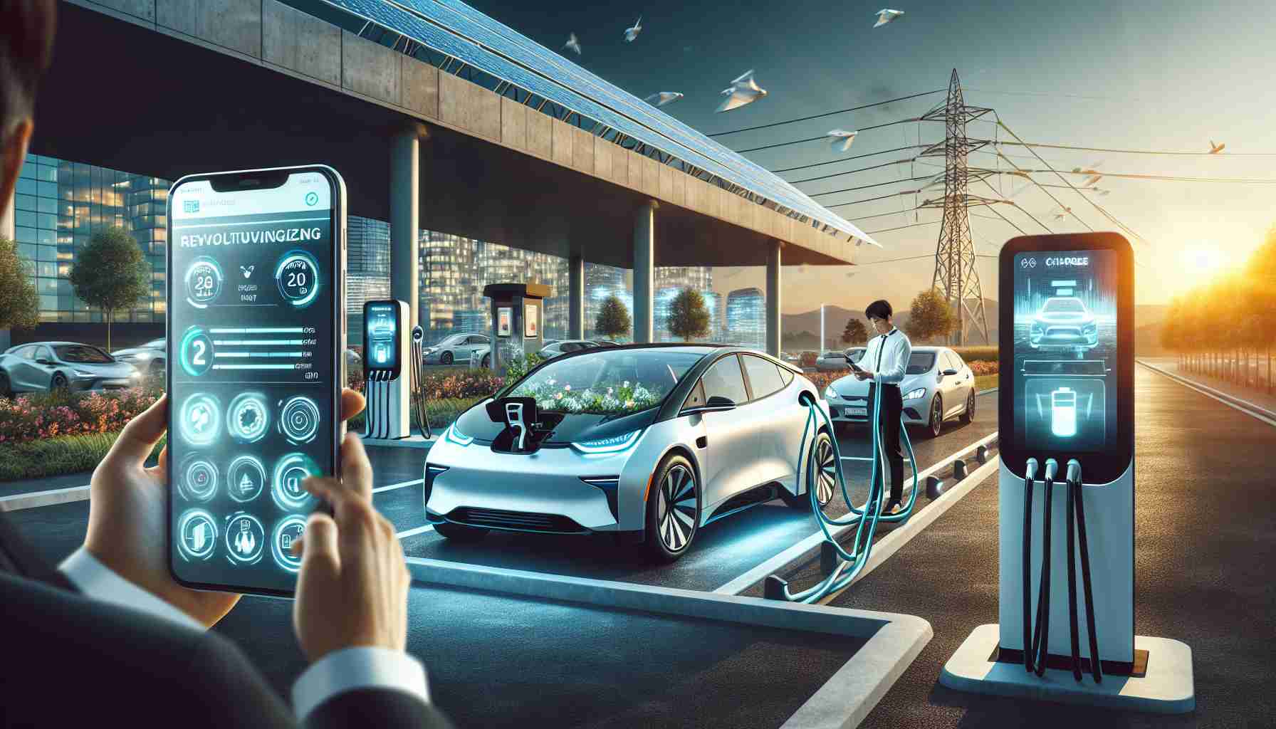 Imagine a high-definition, realistic image depicting the concept of revolutionizing electric vehicle charging with mobile solutions. Capture a scene with an electric car at a charging station, with an individual engrossed in operating a mobile device. The app on the device displays various parameters such as battery status, charging speed and duration. The environment around the station is filled with modern, sustainable architecture, solar panels abound providing clean energy to the station. In the background, another car is pulling up to the charging station, signaling busy traffic and widespread adoption of electric vehicles.