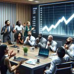 A realistic high-definition image illustrating a group of diverse investors expressing surprise at the rapid growth shown in their portfolio, particularly for an unnamed energy company. The scene shows investors of various descents, including Caucasian, Black, South Asian and Hispanic, of different genders, excitedly scrutinizing a graph on a large screen, which shows a sharp upward trend. The room they are in is modern and professionally decorated, portraying a high-stakes corporate environment. No company logos or identifiable information are visible.