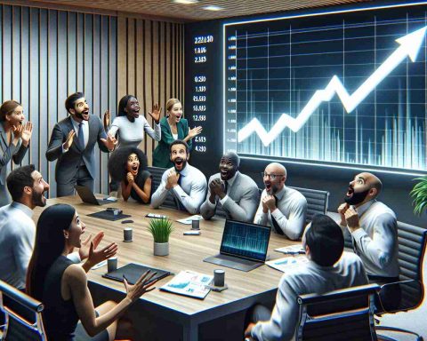 A realistic high-definition image illustrating a group of diverse investors expressing surprise at the rapid growth shown in their portfolio, particularly for an unnamed energy company. The scene shows investors of various descents, including Caucasian, Black, South Asian and Hispanic, of different genders, excitedly scrutinizing a graph on a large screen, which shows a sharp upward trend. The room they are in is modern and professionally decorated, portraying a high-stakes corporate environment. No company logos or identifiable information are visible.