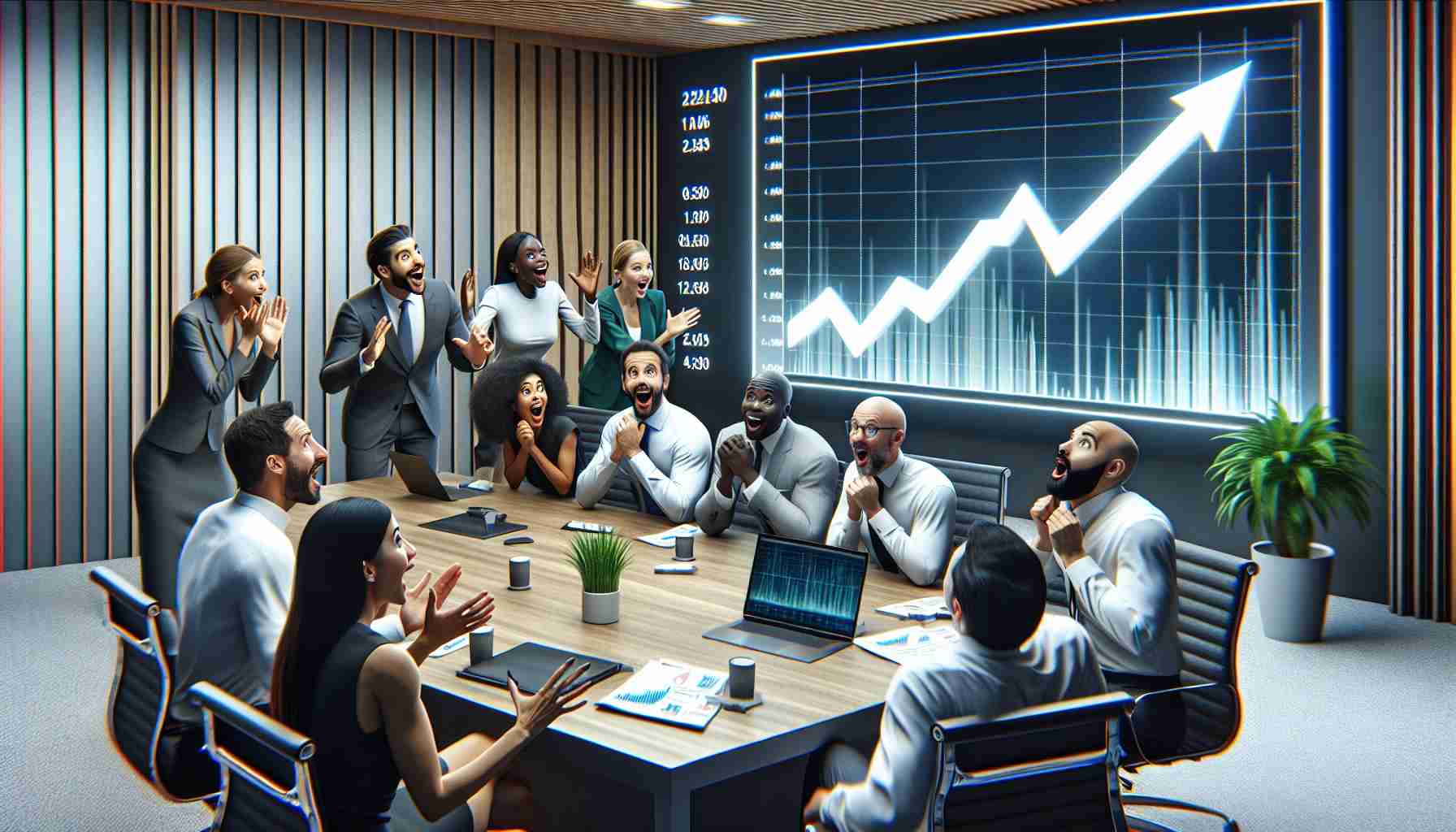 A realistic high-definition image illustrating a group of diverse investors expressing surprise at the rapid growth shown in their portfolio, particularly for an unnamed energy company. The scene shows investors of various descents, including Caucasian, Black, South Asian and Hispanic, of different genders, excitedly scrutinizing a graph on a large screen, which shows a sharp upward trend. The room they are in is modern and professionally decorated, portraying a high-stakes corporate environment. No company logos or identifiable information are visible.