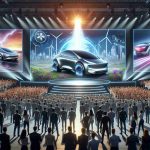 A high-definition realistic image of a dramatic surprise unveiling related to the future of electric cars. The scene could include a grand stage with bright spotlight, large screens displaying futuristic vehicle design concepts, and integrated renewable energy solutions like solar panels or wind turbines. Excited crowd from diverse backgrounds in the foreground eager to witness this milestone in automotive technology.