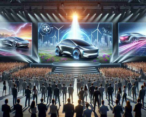 A high-definition realistic image of a dramatic surprise unveiling related to the future of electric cars. The scene could include a grand stage with bright spotlight, large screens displaying futuristic vehicle design concepts, and integrated renewable energy solutions like solar panels or wind turbines. Excited crowd from diverse backgrounds in the foreground eager to witness this milestone in automotive technology.