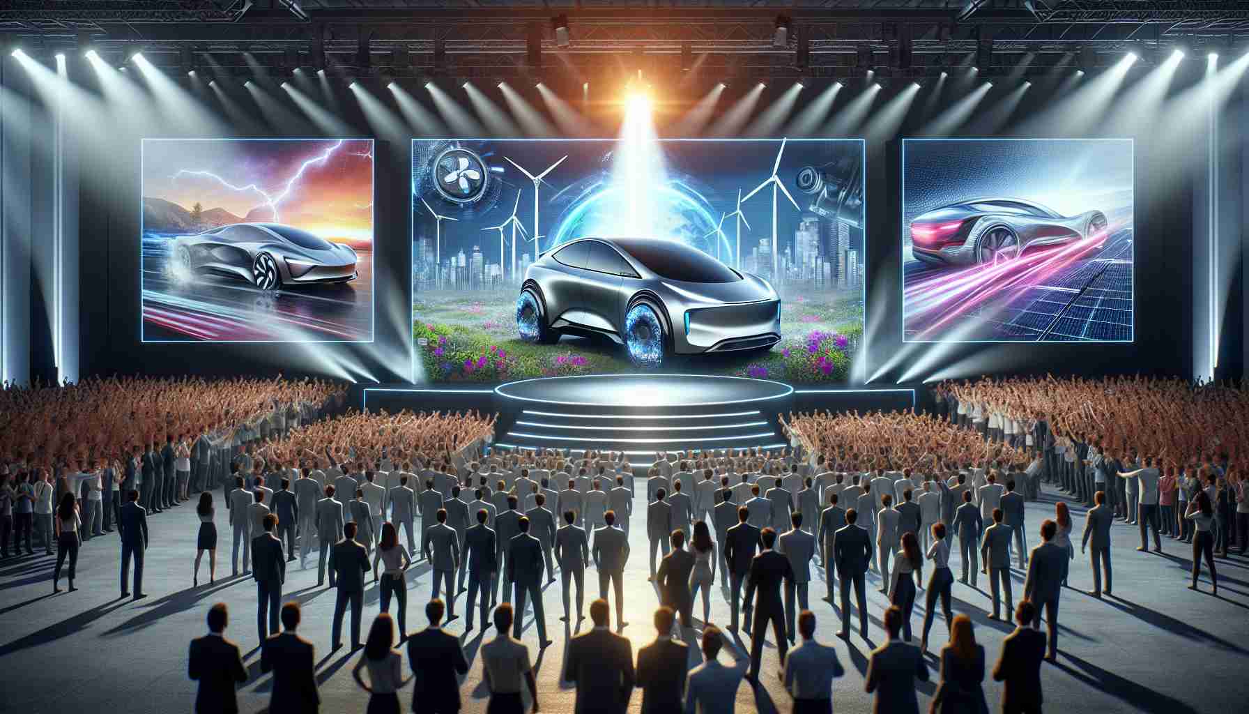 A high-definition realistic image of a dramatic surprise unveiling related to the future of electric cars. The scene could include a grand stage with bright spotlight, large screens displaying futuristic vehicle design concepts, and integrated renewable energy solutions like solar panels or wind turbines. Excited crowd from diverse backgrounds in the foreground eager to witness this milestone in automotive technology.